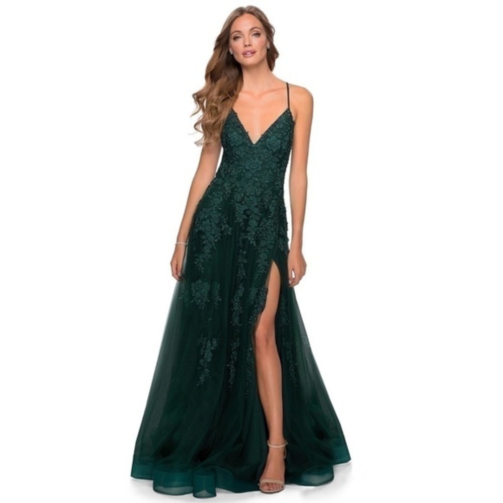 LA Femme 28985 Dark Emerald Green Lace Embroidered V-Neck Gown Size 14